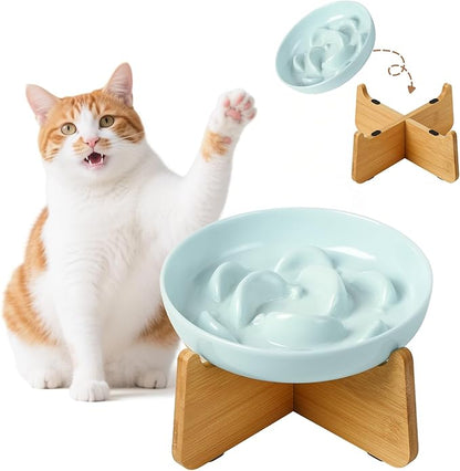 Elevated Slow Feeder Cat Bowl - Melamine Cat Food Plate with Anti-Slip Bamboo Stand - Whisker Friendly Feeding Bowl - Raised Maze Dish for Slow Eating - Pale Blue