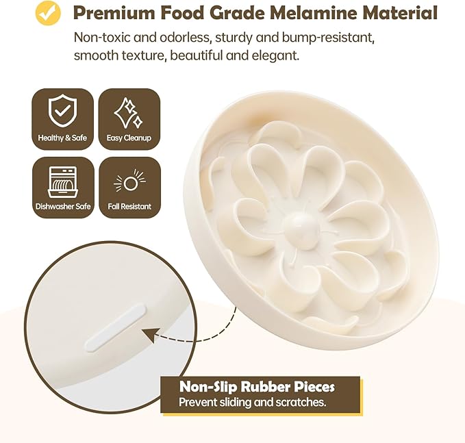 Melamine Slow Feeder Cat Bowl - Cute Blossom Maze Cat Dish - Fun Interactive Plate for Dry & Wet Food - Whisker Friendly - Dishwasher Safe - 6.3''W x 1.1''H