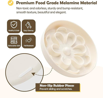 Melamine Slow Feeder Cat Bowl - Cute Blossom Maze Cat Dish - Fun Interactive Plate for Dry & Wet Food - Whisker Friendly - Dishwasher Safe - 6.3''W x 1.1''H