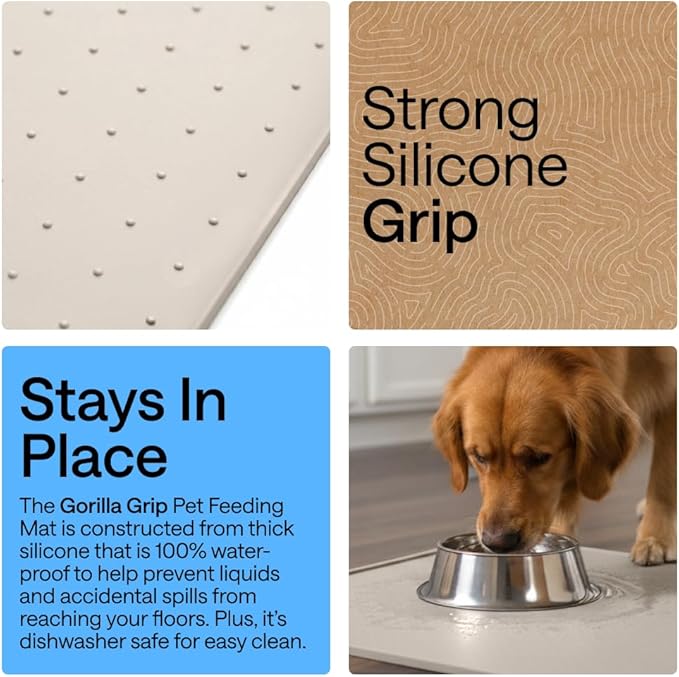 GORILLA GRIP 100% Waterproof Raised Edge BPA Free Silicone Pet Feeding Mat, Dog Cat Food Mats Contain Spills Protects Floors, Placemats for Cats and Dogs Water Bowl, Pets Accessories 16x10, Beige