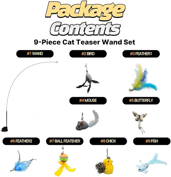 Cat Wand Toy with Suction Cup, Including 8Pcs Refills (Bird, Feather, Mouse, Butterfly, Ball, Chick, Fish), and can be Used as Individual Wands When Detached