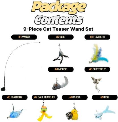 Cat Wand Toy with Suction Cup, Including 8Pcs Refills (Bird, Feather, Mouse, Butterfly, Ball, Chick, Fish), and can be Used as Individual Wands When Detached