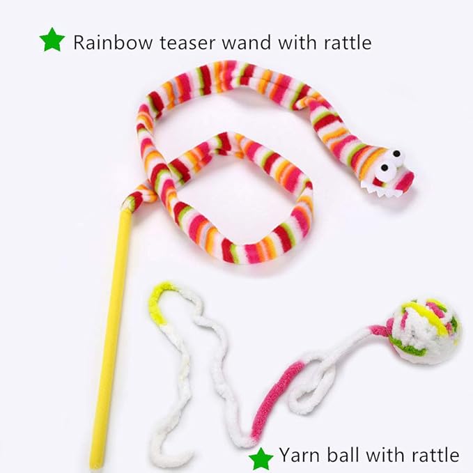 24 Cat Toys Kitten Catnip Toys Variety Pack - 3 Way Tunnel, Interactive Wand, Fish, Mouse, Crinkle Balls, Kitty Chew Toys, Feather - Deluxe Toy Set for Christmas Birthday, Color Random