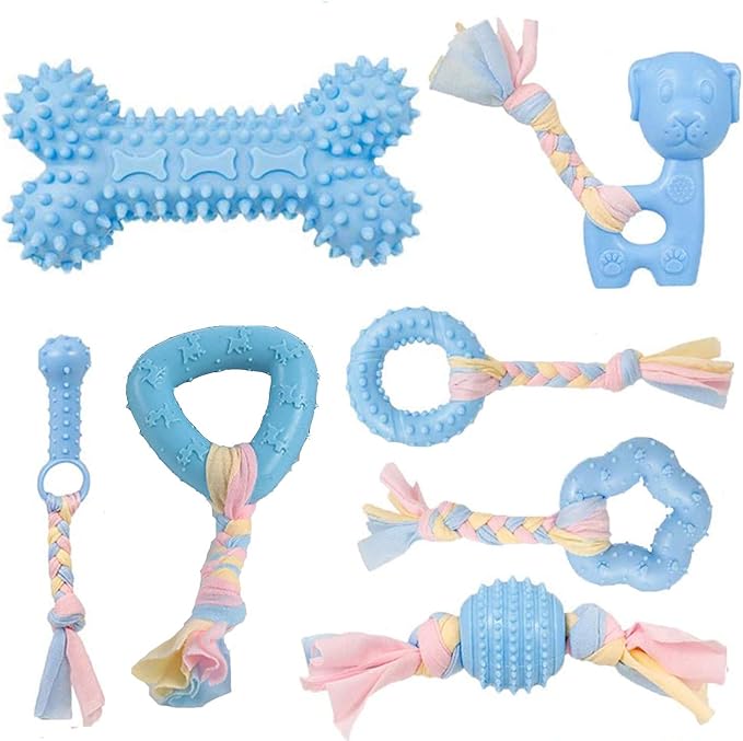 Dog Chew Toys, 7pcs Dog Puppies Teething Chewing Toy Set with Ball and Colorful Ropes, Interactive Pet Toys for Small and Medium Dogs (Blue)