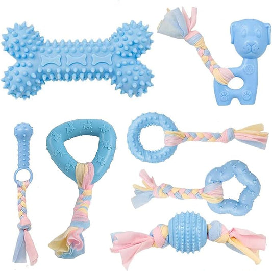 Dog Chew Toys, 7pcs Dog Puppies Teething Chewing Toy Set with Ball and Colorful Ropes, Interactive Pet Toys for Small and Medium Dogs (Blue)