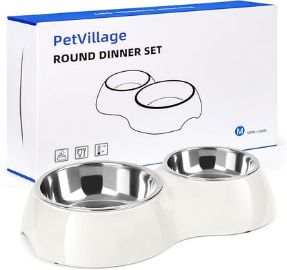Double Dog Bowls Set – Non-Slip Pet Food & Water Dishes with Resin Stand, Includes Small (1 Cup) & Medium (2 Cups) Bowls – Ideal for Puppies and Cats – White