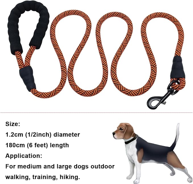 MayPaw Heavy Duty Rope Dog Leash, 6FT Nylon Pet Leash, Soft Padded Handle Thick Lead Leashes for Large Medium Dogs Walking Training (Orange Black line, 1/2" * 6')