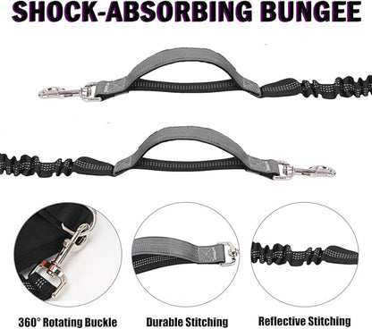 Hands Free Dog Leash for 2 Dogs, Adjustable Waist Belt, Reflective Stitching Leash with Double Padded Handles for Running, Hiking