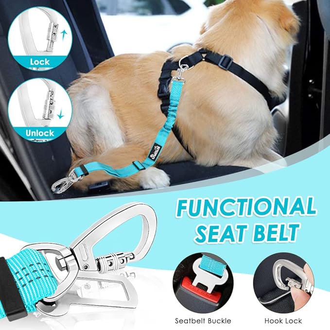 Lukovee Dog Seat Belt for Car, Adjustable Dog Car Harness for Large Medium Small Dogs, Soft Padded & Breathable Mesh Dog Seatbelt with Car Strap and Carabiner (Light Blue,XXXS)