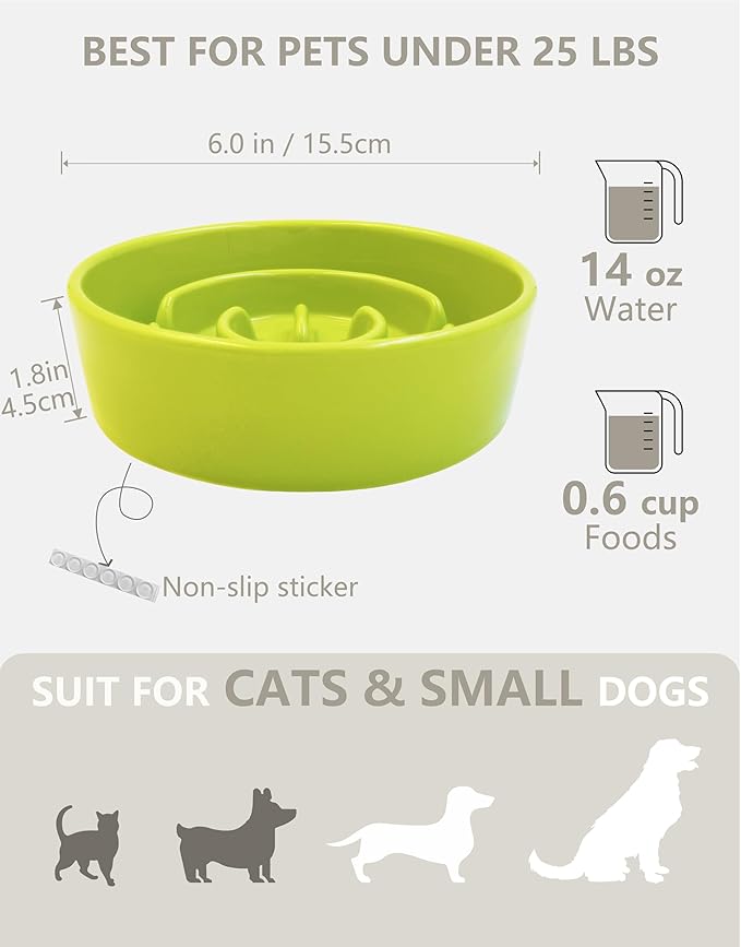 Ceramic Slow Feeder Dog Bowls, 0.6 Cup Slow Feeder for Small Dogs, Puzzle Maze Bowl, Prevents Choking, 6in, Green