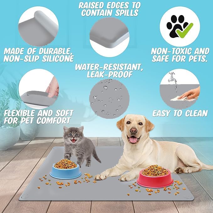 TidyFriend Pet Food Mat 30 x 36” - Pet Tray for Food and Water - Silicon Cat & Dog Feeding Tray - Large Non Slip Waterprood Feeding Placemat - Easy to Clean (Light Grey)