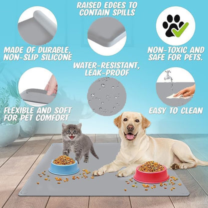 TidyFriend Pet Food Mat 30 x 36” - Pet Tray for Food and Water - Silicon Cat & Dog Feeding Tray - Large Non Slip Waterprood Feeding Placemat - Easy to Clean (Light Grey)