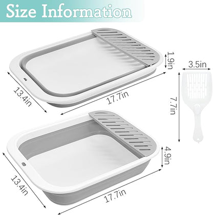 Fhiny Kitten Litter Box Portable Shallow Litter Box 17.7"x13.4"x4.9" Foldable Cat Toilet with Scoop Open Kitty Potty Pan with Litter Drop Pedal Easy to Clean Travel Kitten Toilet(Gray)