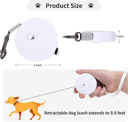 Retractable Dog Leash for Small and Medium Dogs up to 22lbs with 9.8ft Strong Nylon Tape, Hands Free, Portable and Lightweight Leash with Wrist Strap, One-Hand Brake, Tangle Free (White)