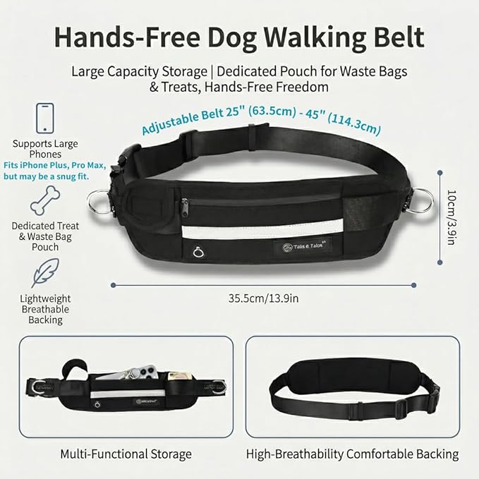 Tails & Tales Hands Free Dog Leash with Lightweight Waist Pouch for Walking Running Hiking, Adjustable Belt 25-45", Dual Padded Handles, Reflective Bungee Design for Small to Large 100lb Dogs (Black)
