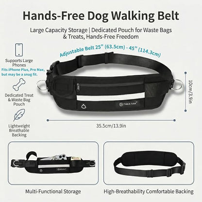 Tails & Tales Hands Free Dog Leash with Lightweight Waist Pouch for Walking Running Hiking, Adjustable Belt 25-45", Dual Padded Handles, Reflective Bungee Design for Small to Large 100lb Dogs (Black)