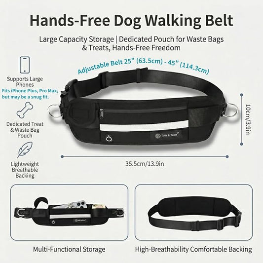 Tails & Tales Hands Free Dog Leash with Lightweight Waist Pouch for Walking Running Hiking, Adjustable Belt 25-45", Dual Padded Handles, Reflective Bungee Design for Small to Large 100lb Dogs (Black)