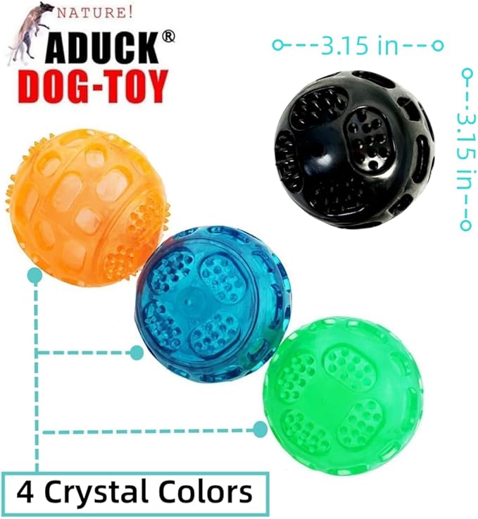 ADUCK Squeaky Dog Chew Ball Toys, [Meteorites Bouncy Series] Bite Resistant Fetch Ball for Aggressive Chewers, Non-Toxic Soft Rubber, Cute Crystal Design - 3.15 Inches (4 Colors)