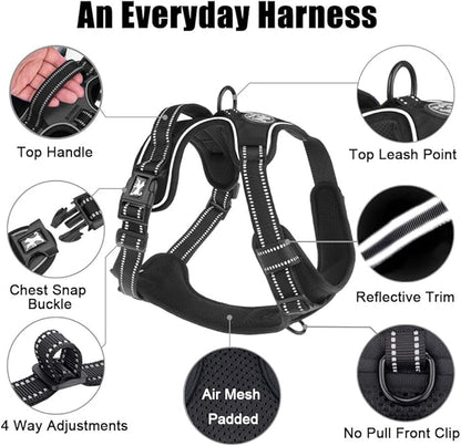 PoyPet No Pull Dog Harness, Reflective Comfortable Vest Harness with Front & Back 2 Leash Attachments and Easy Control Handle Adjustable Soft Padded Pet Vest for Small to Large Dogs (Black,XS)