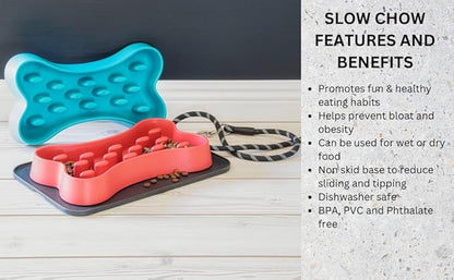 Slow Chow Bone Polypropylene Slow Feeder - Large - 6 Cups - Teal