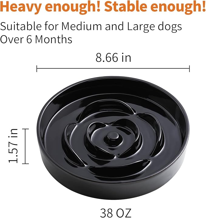 Black 8.66 in Dog Bowl Ceramic Slow Feeder for Medium Large Dogs,Elevated/Raised Slow Feeding Dog Food Water Dish Heavy Weighted,Puppy Dish for Fast Eaters,Puzzle Eating Bowl Modern Maze