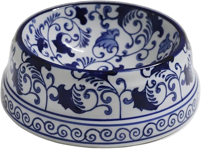 Aimusego Hand-Painted Ceramic Dog Bowl Blue/White Durable Dog Cat Food and Water Pet Dish 11OZ