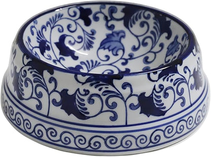 Aimusego Hand-Painted Ceramic Dog Bowl Blue/White Durable Dog Cat Food and Water Pet Dish 11OZ