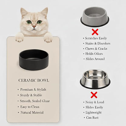 Ceramic Dog and Cat Bowl Modern Cute Weighted Food and Water Bowl Matte Glaze Pet Bowl for Replacement (Black, 13.5 OZ)
