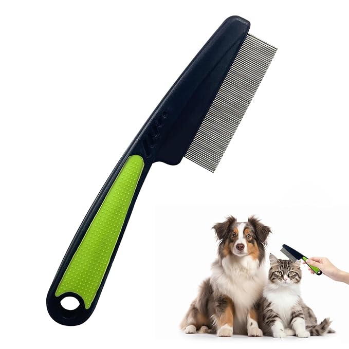 Flea Comb with Rubber Handle, 2025 Upgraded Fine Tooth Dandruff Comb for Dogs & Cats, Fine Tooth Dog Combs for Grooming (Green)