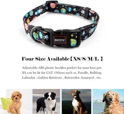 QQPETS Adjustable Soft Dog Collar: Print Flower Pink Multicolor Cute Patterns for XS Small Medium Large Pet Girl Boy Puppy Walking Running Training (S, Space)