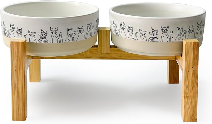 Elevated Ceramic Cat Bowls with Wooden Stand，6.1inch Raised Cat Bowls with Cute Pattern for Small and Medium Breed Dogs and Cats,2 Pack Cats Food and Water Bowl Set,Weighted Pet Dishes Dishwasher Safe