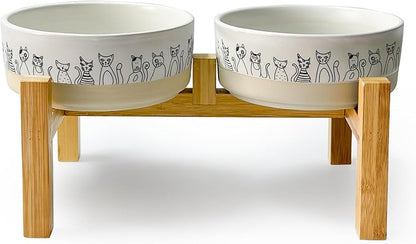 Elevated Ceramic Cat Bowls with Wooden Stand，6.1inch Raised Cat Bowls with Cute Pattern for Small and Medium Breed Dogs and Cats,2 Pack Cats Food and Water Bowl Set,Weighted Pet Dishes Dishwasher Safe