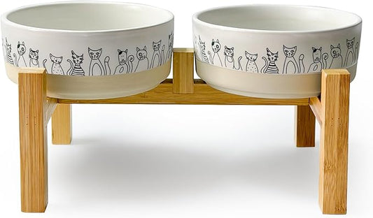 Elevated Ceramic Cat Bowls with Wooden Stand，6.1inch Raised Cat Bowls with Cute Pattern for Small and Medium Breed Dogs and Cats,2 Pack Cats Food and Water Bowl Set,Weighted Pet Dishes Dishwasher Safe