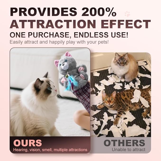 Cat Wrestling Glove Hand Puppet, Interactive Play Toy with Feather, Gray with Pink Ears, Multicolor Plaid Sleeve