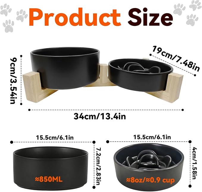 Ceramic Slow Feeder Dog Bowl Set-1 Cup Puzzle Dog Food Bowl & 850ML Water bowl with wooden stand for small dogs, Anti-Gulping,Anti-chewing,Anti-Slip,Black