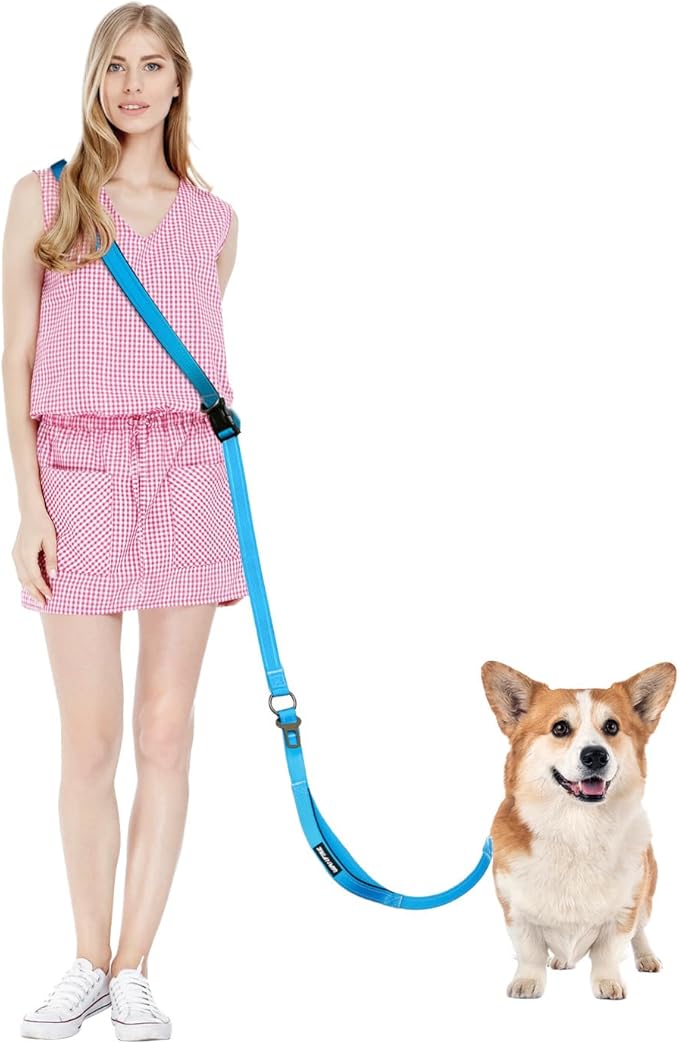 Hands Free Dog Leash, Multifunctional Crossbody Leash, Long Waist Dog Belt with Car Safety Buckle and Double-Sided Reflective Stitches（Blue 5.3-7.9ft-Medium）