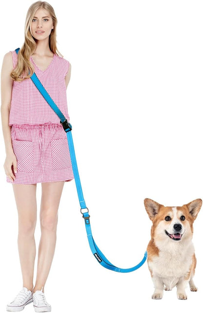 Hands Free Dog Leash, Multifunctional Crossbody Leash, Long Waist Dog Belt with Car Safety Buckle and Double-Sided Reflective Stitches（Blue 5.3-7.9ft-Medium）