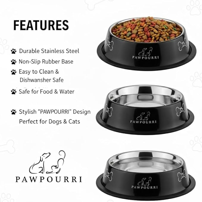 2 Pack Stainless Steel Dog Bowls – 16 fl oz Anti-Skid Food & Water Bowls for Small Dogs, Puppies & Cats|Dog Food & Water Bowl|Dog Feeding Bowl (Black)