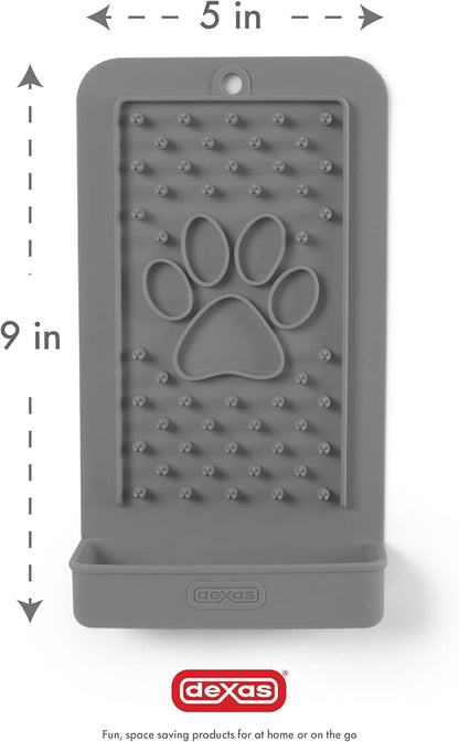 Dexas Snack & Distract Licking Mat with Catch Tray for Dogs and Cats-5"x 9", Light Gray. Sticks to Most Slick or Smooth Surfaces. Eases Anxiety, Prevents Boredom, Entertains and Distracts.