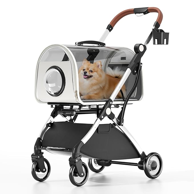 Magshion Dog Stroller with Detachable Carrier, Clear PC Dome Pet Stroller for Small & Medium Dogs & Cats up to 33 lbs, Lightweight Foldable Pet Cart, PU Wheels, Storage Basket & Cup Holder