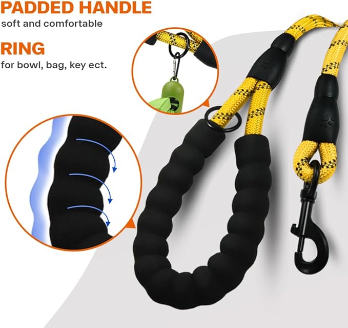 Taglory Rope Dog Leash 4 FT with Comfortable Padded Handle, Highly Reflective Threads Leash and Anti-Tangle Clip for Walking Small Dogs, 3/8 inch, Yellow
