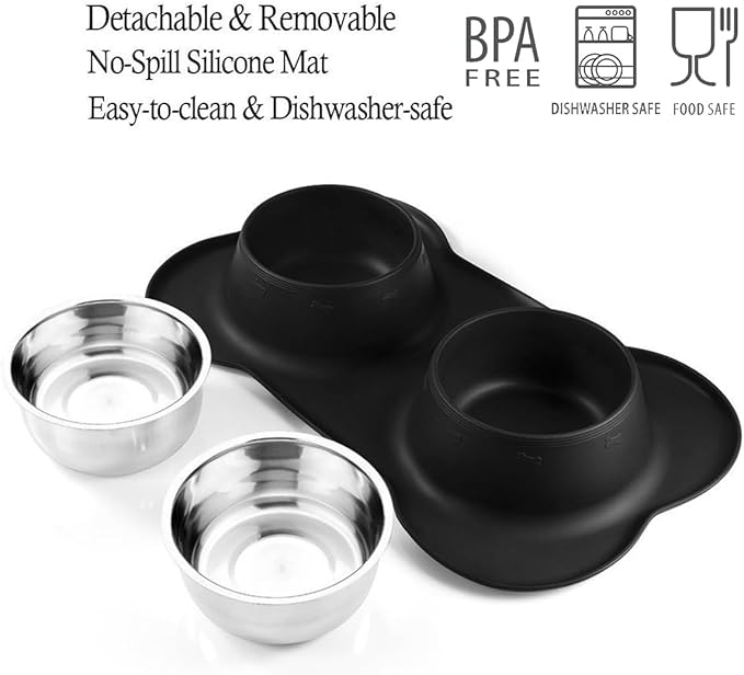 Pet Deluxe Dog Bowls Stainless Steel Dog Bowl with No Spill No Skid Silicone Mat, 24/48 oz Dog Food and Water Bowl Set Double Dog Feeder Bowl Dog Dish for Small Medium Large Sized Dogs Cats Puppy