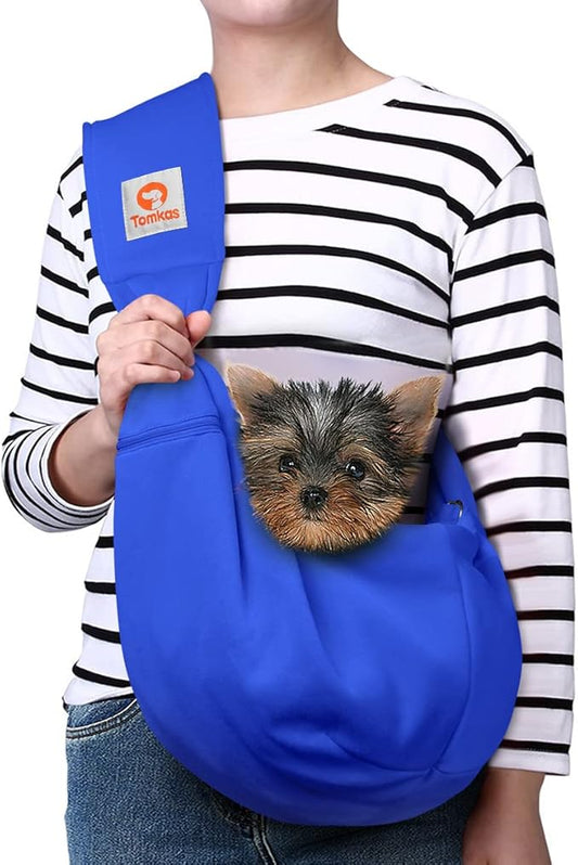 Tomkas Small Dog Cat Sling Carrier Puppy Purse Travel Wrap Soft Crossbody Pet Bag (Royal Blue, M - Zip Pocket & Adjust Strap)