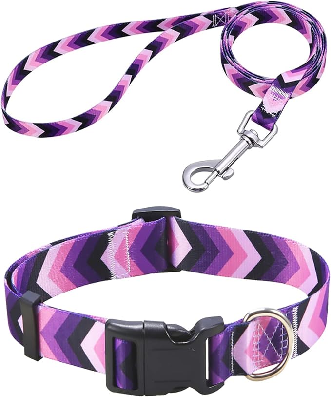 Dog Collar and Leash Set with Bohemia Floral Tribal Geometric Patterns - Soft Ethnic Style Collar Adjustable for Small Medium Large Dogs(Purple Arrow Set,XS)