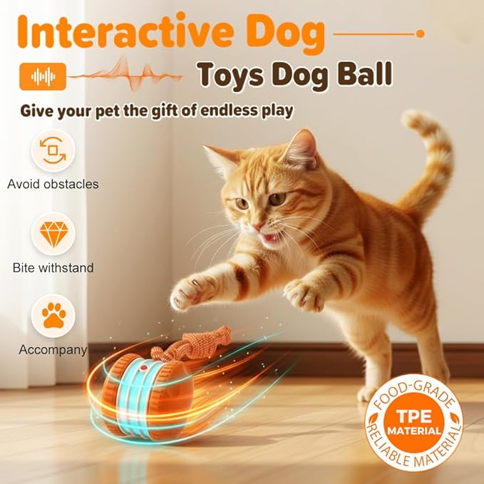 Interactive Dog Toy,2026 New Automatic Rolling Ball with Rope for Cat, Durable Dogs Rope Toy for Chewing and Playing, Dogs Ball Toy for Puppy Cats (Orange/2pcs)
