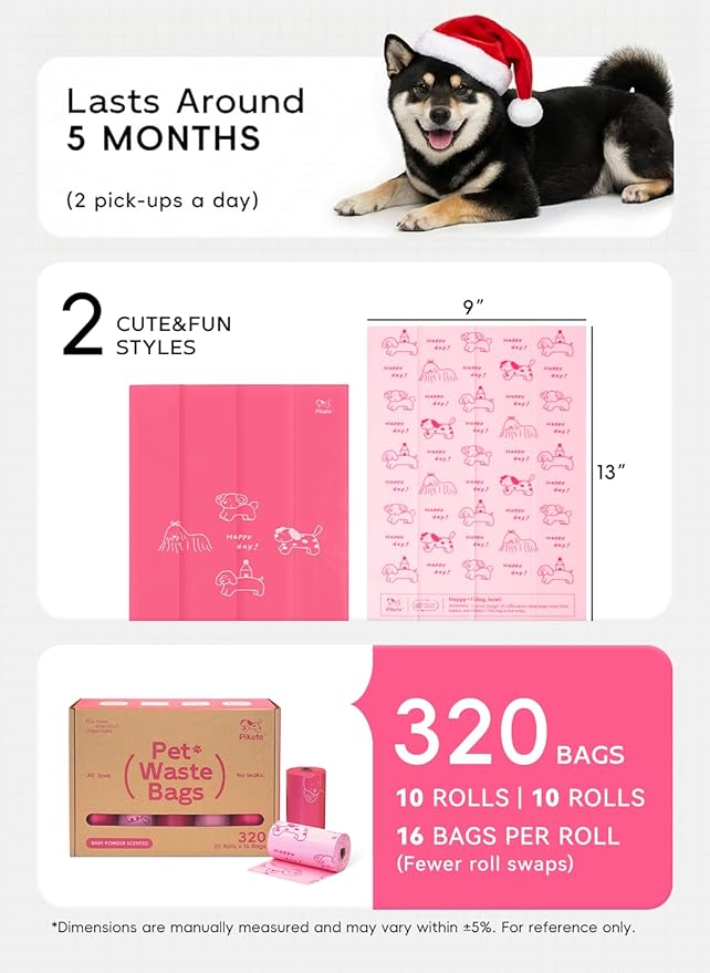 Dog Poop Bags Rolls, 320 Count (20 Refills) - 60% Recycled Plastic Baby Powder Scented - Leak Proof, Extra Thick Waste Bag with Easy-Peel Sticker (Pink)