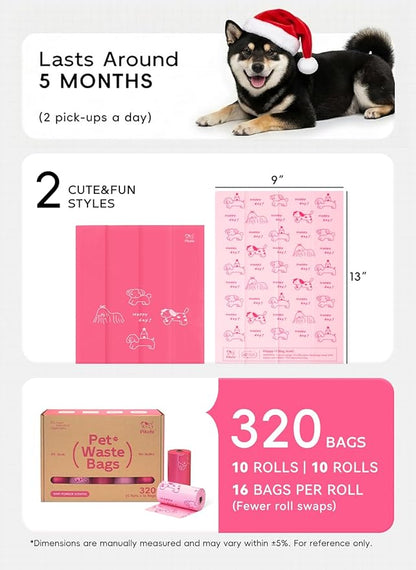Dog Poop Bags Rolls, 320 Count (20 Refills) - 60% Recycled Plastic Baby Powder Scented - Leak Proof, Extra Thick Waste Bag with Easy-Peel Sticker (Pink)