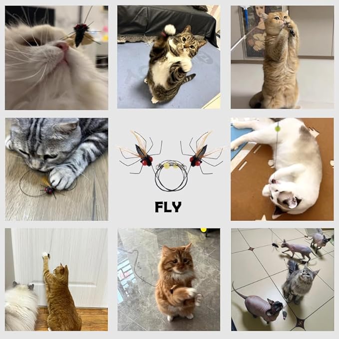 Cat Insect Feather Toys Replacement - 2 Pcs Handmade Natural Flies - Cat Toy Wand Refills - Interactive Kitten Teaser Wand Attachments - Cat Toys for Indoor Cats Play