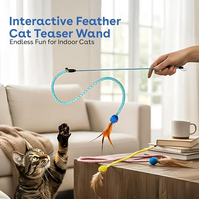 3 Packs Interactive Cat Wand Toy, Feather cat Toys, cat Teaser Wand, Indoor cat Toys, cat Toys for Indoor Cats, cat Exercise Toys, Kitten Toys Interactive, Playtime and Boredom Relief