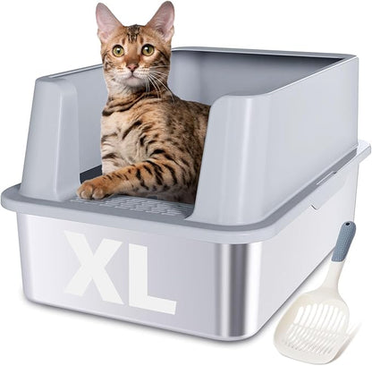 XL Stainless Steel Litter Box, Extra Large High Sided Metal Cat Litter Box with Lid and Scooper, Easy Clean, Non Stick & No Smell